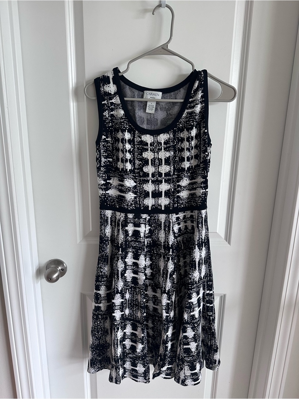 CARMEN Black and White Sleeveless Midi Fit-and-Flare Dress